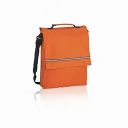 An orange messenger bag with a flap and a black adjustable strap. It features a reflective stripe.