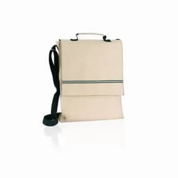 A beige promotional bag with a flap closure and a black adjustable shoulder strap. It features a simple design and a logo.