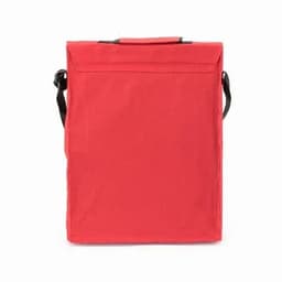 A red promotional bag with a flap closure and an adjustable strap, featuring a plain back.
