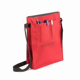 A red messenger bag with a shoulder strap featuring multiple front pockets for pens and small items.