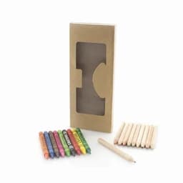 A set of coloured crayons in vibrant hues, alongside plain wooden pencils, all packaged in a cardboard box with a window.