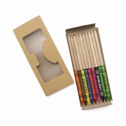 A box of crayons featuring eight vibrant colours, housed in a cardboard sleeve with a clear window.