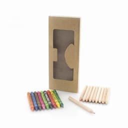 A box of coloured pencils with vibrant hues, including green, blue, orange, and purple, alongside a wooden pencil.