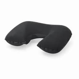 A travel neck pillow in black with a contoured design for support. It includes a logo.