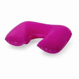 A travel neck pillow in vibrant pink, designed for comfort with a U-shape for support. It features a soft, inflatable design.