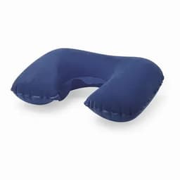 A travel pillow in navy blue, featuring a U shape for neck support. It has a smooth, inflatable design and a logo.