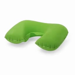 A green inflatable neck pillow with a U-shape design, featuring a smooth texture and a slight indentation in the centre.
