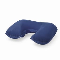 A neck pillow in navy blue, shaped to provide comfort and support during travel. It features a soft, plush surface.