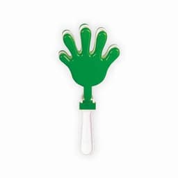 A green plastic hand-shaped promotional item with a clear handle, featuring a logo on the base.