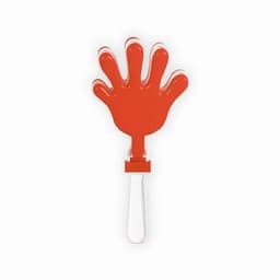 A drink bottle in the shape of a red hand, featuring a clear handle. It has a logo on the bottle.