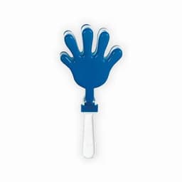 A novelty blue hand-shaped drink bottle with a clear base, featuring a logo on the body.