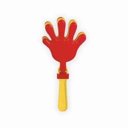 A red hand-shaped clapper on a yellow handle, designed for attention and celebration.
