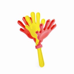 A hand-shaped clapper toy with red and yellow colours, featuring four clapping hands attached to a central handle.