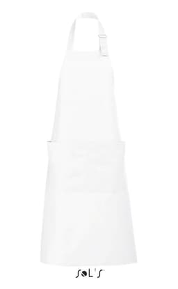 A white apron with pockets made from polycotton, featuring a logo at the bottom.