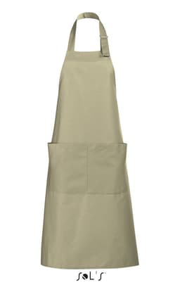 A khaki apron with pockets made from polycotton, featuring an adjustable neck strap and branding at the bottom.