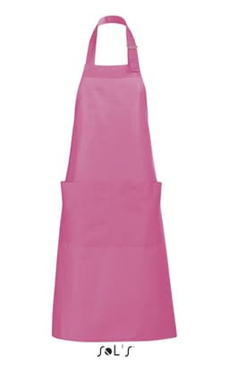 A pink apron with pockets made from polycotton, featuring an adjustable neck strap and a logo at the bottom.