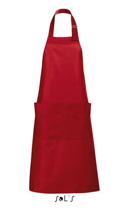 A red polycotton apron with pockets and an adjustable neck strap, featuring a logo at the bottom.