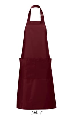 A burgundy apron made from polycotton, featuring a front pocket and a logo at the bottom.