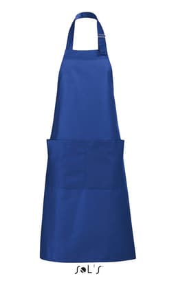 A blue apron with pockets made from polycotton, featuring a neck strap and a logo at the bottom.