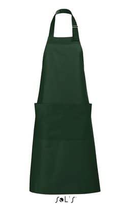A green apron made from polycotton featuring a front pocket and a logo.