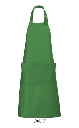 A green polycotton apron with pockets, featuring a strap for easy adjustment and a visible logo.