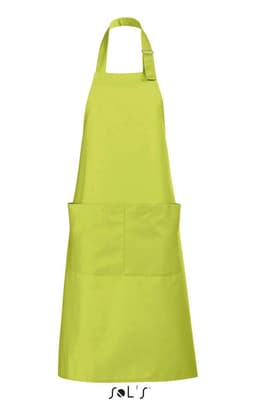 A bright green polycotton apron featuring long lengths and pockets, designed for functional use.