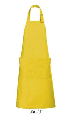 A yellow apron with pockets, made from polycotton, featuring a neck strap and a logo at the bottom.