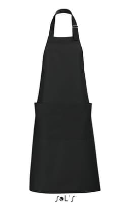 A black polycotton apron with pockets and a neck strap, featuring a logo at the bottom.