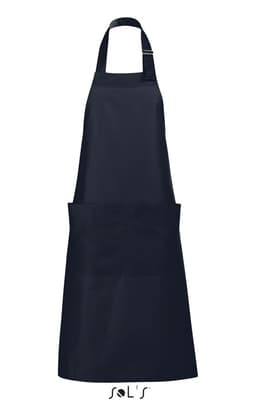 A navy blue apron with pockets, made from polycotton, featuring a logo at the bottom.