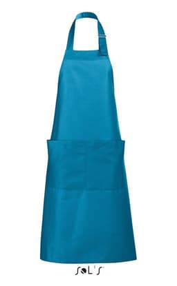 A turquoise apron with pockets made from polycotton, featuring an adjustable neck strap.
