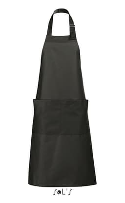 A black polycotton apron with pockets and an adjustable neck strap, featuring a logo at the bottom.