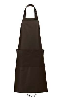 A brown polycotton apron with pockets, featuring a simple design and a logo at the bottom.