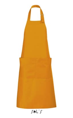 A bright yellow apron with pockets, made from polycotton, featuring a logo at the bottom.