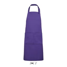 A purple apron with pockets made from polycotton, featuring a logo at the bottom.