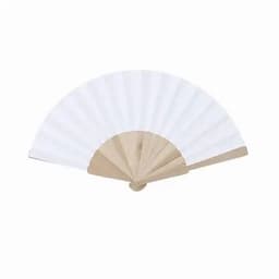 A hand fan with white pleated fabric and a wooden handle. It is elegantly designed and fully opened.
