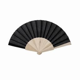 A folding fan with a black cloth surface and wooden frame, featuring a slim design and wide spread.
