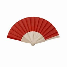 A red and cream hand fan with a pleated design and a rounded end, featuring a wooden frame.
