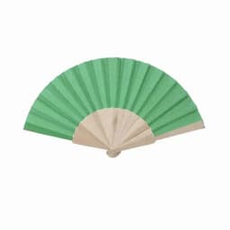 A hand fan featuring a green fabric design and wooden support, fanned open and displayed against a neutral background.