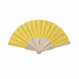A folding fan with a wooden handle and yellow fabric. The fan has a semi-circular shape with pleated design.