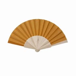 A decorative folding fan with wooden spokes, featuring a golden-yellow and light wood design.