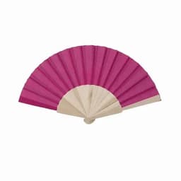A fuchsia hand fan with a wooden handle, featuring a pleated design and a smooth finish.