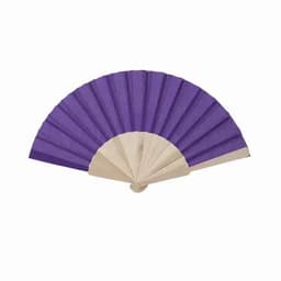 A folding hand fan featuring a purple fabric design with a beige handle, showcasing a classical shape.