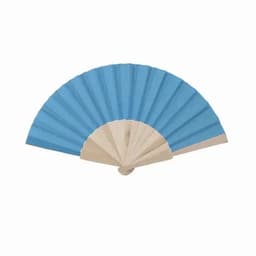 A blue and beige folding fan with pleated fabric, featuring a curved shape and a simple design.