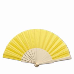 A yellow folding fan with a wooden handle and pleated fabric. 