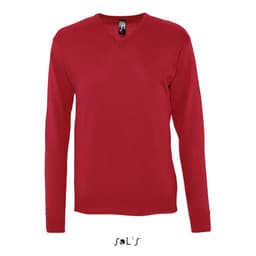 A red V-neck men's jumper made of acrylic and cotton jersey, featuring a logo on the interior.