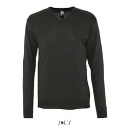 A V-neck men's jumper in dark green, made from a blend of acrylic and cotton. Features a logo on the label.