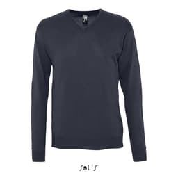 A navy V-neck jumper made from acrylic and cotton blend, featuring long sleeves and a ribbed hem.