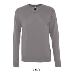 A grey V-neck men's jumper made of acrylic and cotton jersey, featuring a logo on the label.
