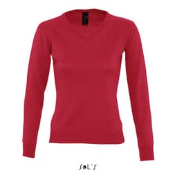 A red women's V-neck jumper with long sleeves and a fitted design. Features a logo on the label.