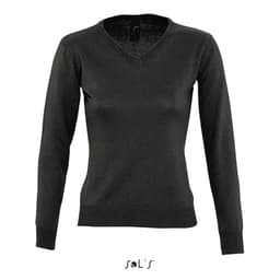 A women's jumper in dark grey with a V-neck design, featuring long sleeves and a fitted silhouette. Includes a brand logo.